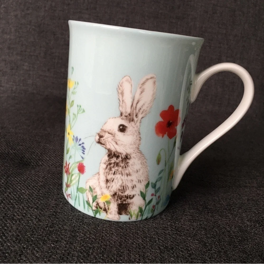 Bunny + Floral Colorful Spring Coffee, Tea Mug, Blue, White, NEW, 12 oz